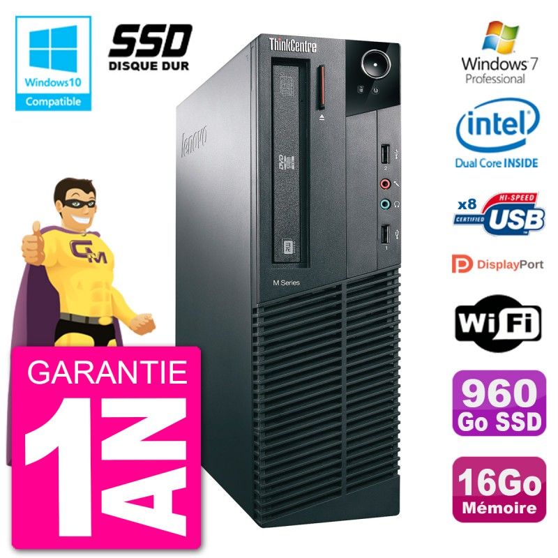 Lenovo ThinkCentre M82 SFF Desktop - Intel Core i3-2100T, 16GB RAM, 960GB SSD, DVD Burner, WiFi, Windows 7 Pro
