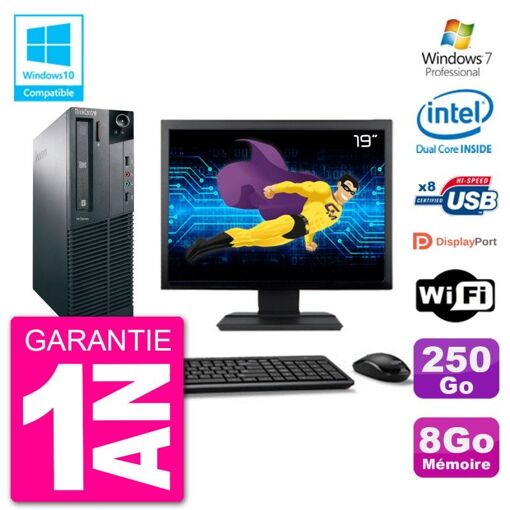 Lenovo M82 SFF Desktop PC - 19" Screen, Intel Pentium G2020, 8GB RAM, 250GB HDD, DVD Drive, WiFi, Windows 7 Pro