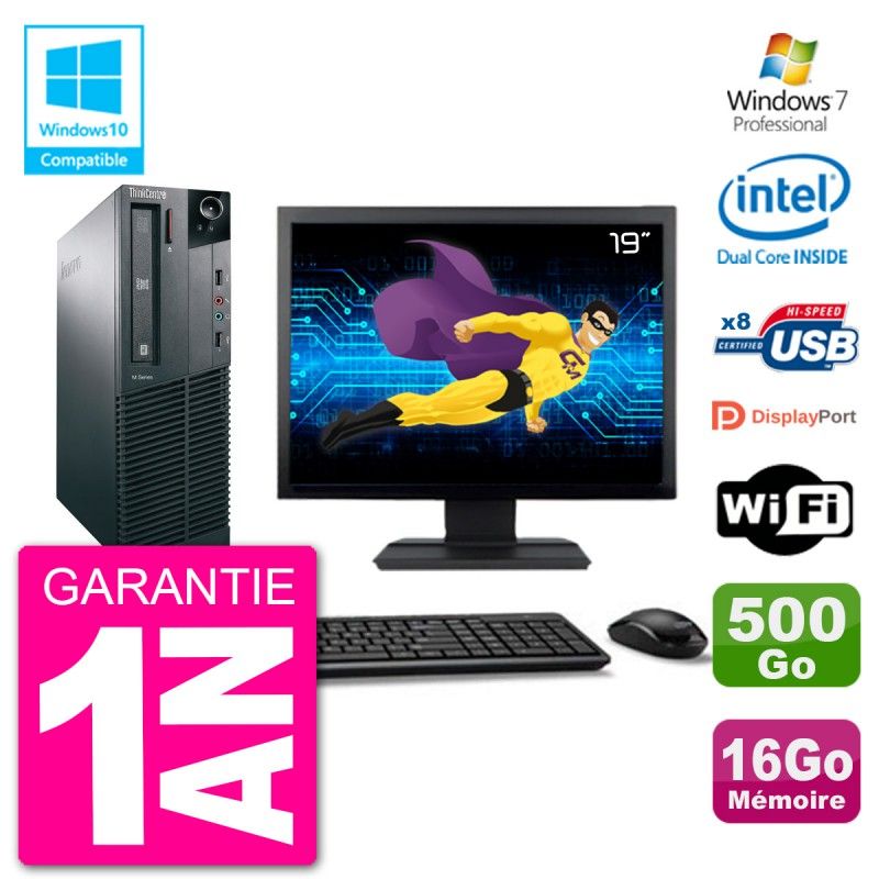 Lenovo M82 SFF Desktop Computer - 19" Screen, Intel Pentium G2020, 16GB RAM, 500GB HDD, DVD Burner, WiFi, Windows 7 Pro