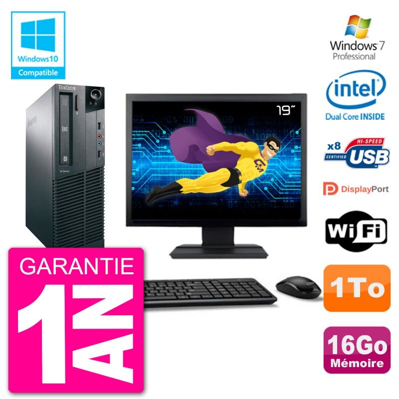 Lenovo M82 SFF Desktop Computer - 19" Screen, Intel Pentium G2020, 16GB RAM, 1TB HDD, DVD Drive, WiFi, Windows 7 Pro
