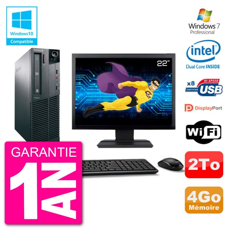Lenovo M82 SFF Desktop Computer - 22" Screen, Intel Pentium G2020, 4GB RAM, 2TB HDD, DVD Drive, WiFi, Windows 7 Pro