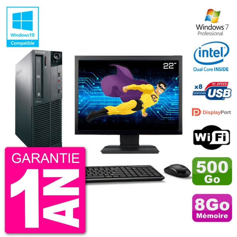 Lenovo M82 SFF Desktop Computer - 22" Screen, Intel Pentium G2020, 8GB RAM, 500GB HDD, DVD Burner, WiFi, Windows 7 Pro