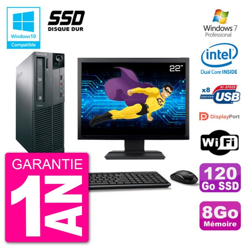 Lenovo M82 SFF Desktop Computer - 22" Screen, Intel Pentium G2020, 8GB RAM, 120GB SSD, DVD Drive, WiFi, Windows 7 Pro