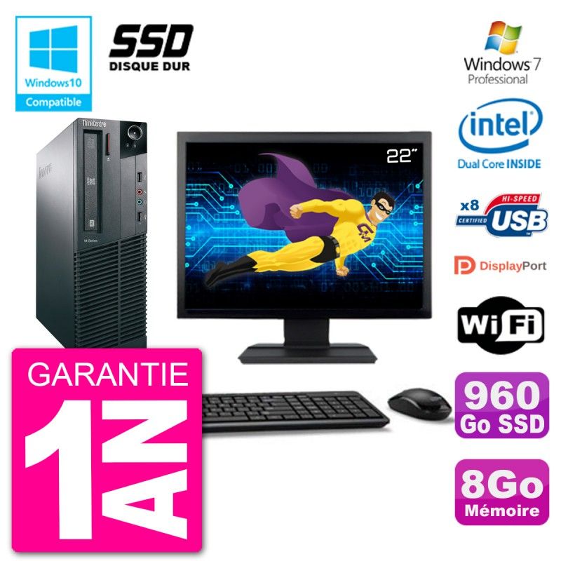 Lenovo M82 SFF Desktop Computer - 22" Screen, Intel Pentium G2020, 8GB RAM, 960GB SSD, DVD Drive, WiFi, Windows 7 Pro