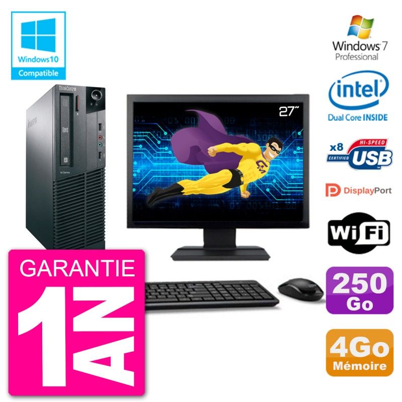 Lenovo M82 SFF Desktop Computer, 27" Screen, Intel Pentium G2020, 4GB RAM, 250GB HDD, DVD Drive, WiFi, Windows 7 Pro
