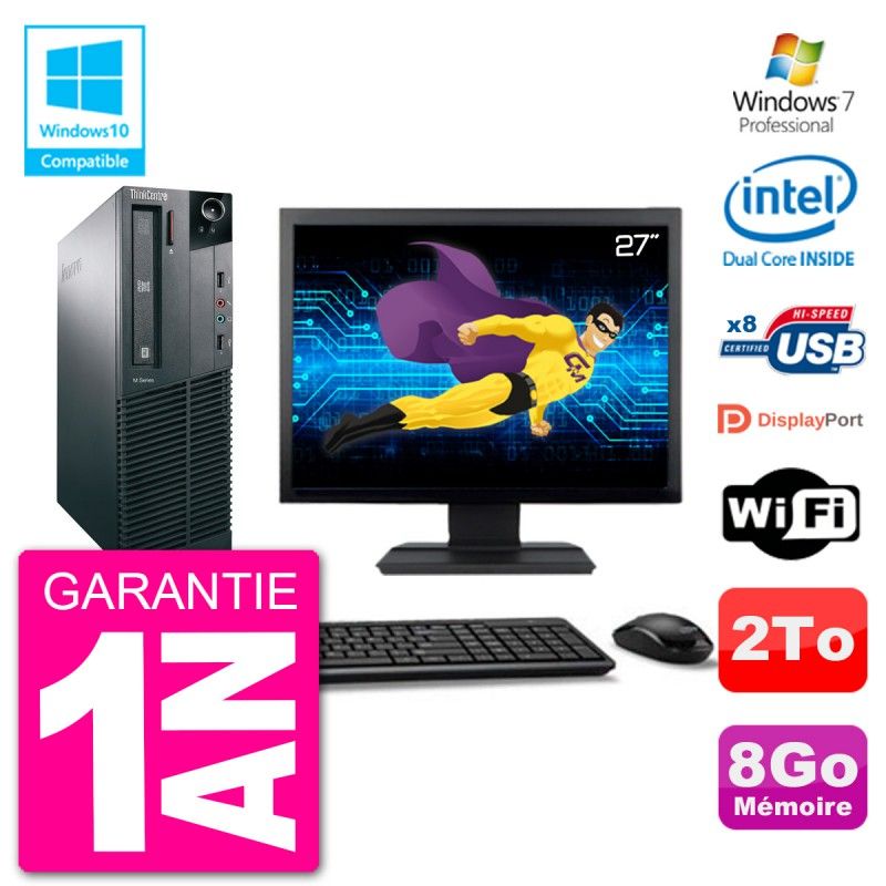 Ordinateur Lenovo M82 SFF - Écran 27'', Processeur Intel Pentium G2020, 8 Go de RAM, Disque dur 2 To, Lecteur DVD, WiFi, Windows 7 Professionnel