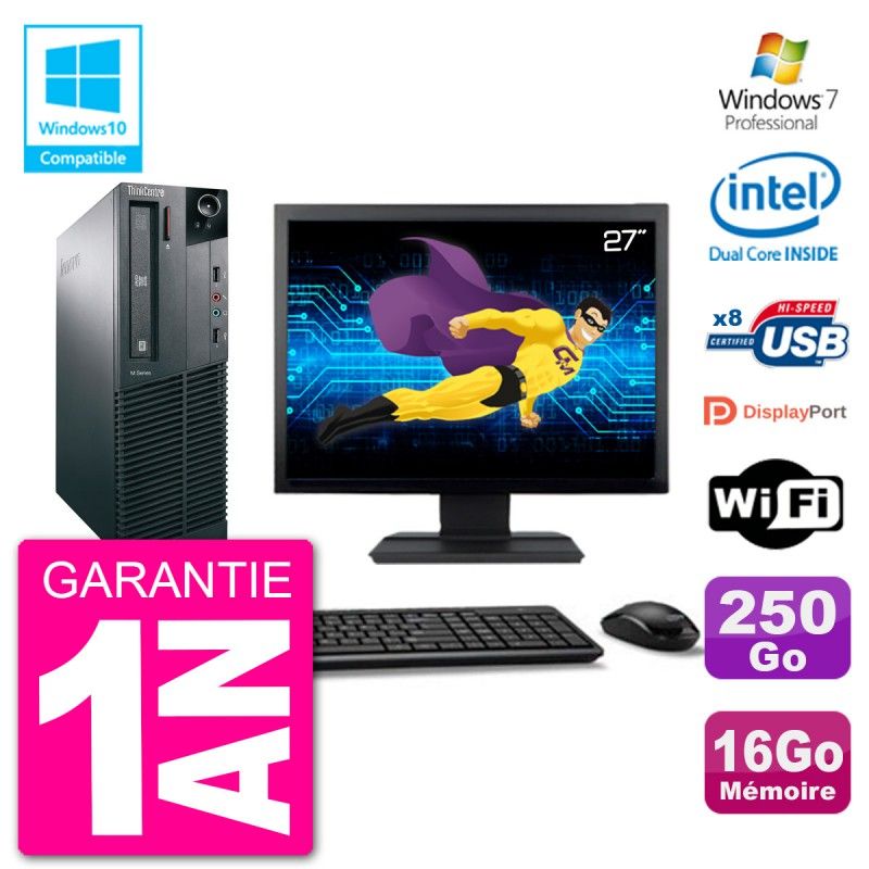 Lenovo M82 SFF Desktop Computer - 27" Screen, Intel Pentium G2020, 16GB RAM, 250GB HDD, DVD Drive, WiFi, Windows 7 Pro