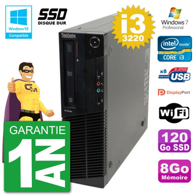 Lenovo ThinkCentre M82 SFF Desktop PC - i3-3220, 8GB RAM, 120GB SSD, DVD Burner, WiFi, Windows 7 Pro