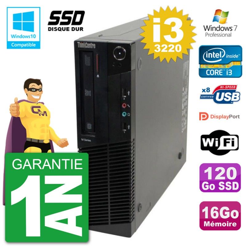Lenovo ThinkCentre M82 SFF Desktop - Intel Core i3-3220, 16GB RAM, 120GB SSD, DVD Drive, WiFi, Windows 7 Pro