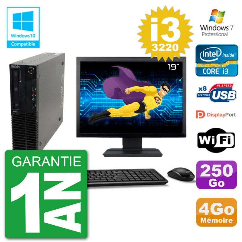 Lenovo M82 SFF Desktop Computer - 19" Screen, i3-3220, 4GB RAM, 250GB HDD, DVD Drive, Wifi, Windows 7 Pro
