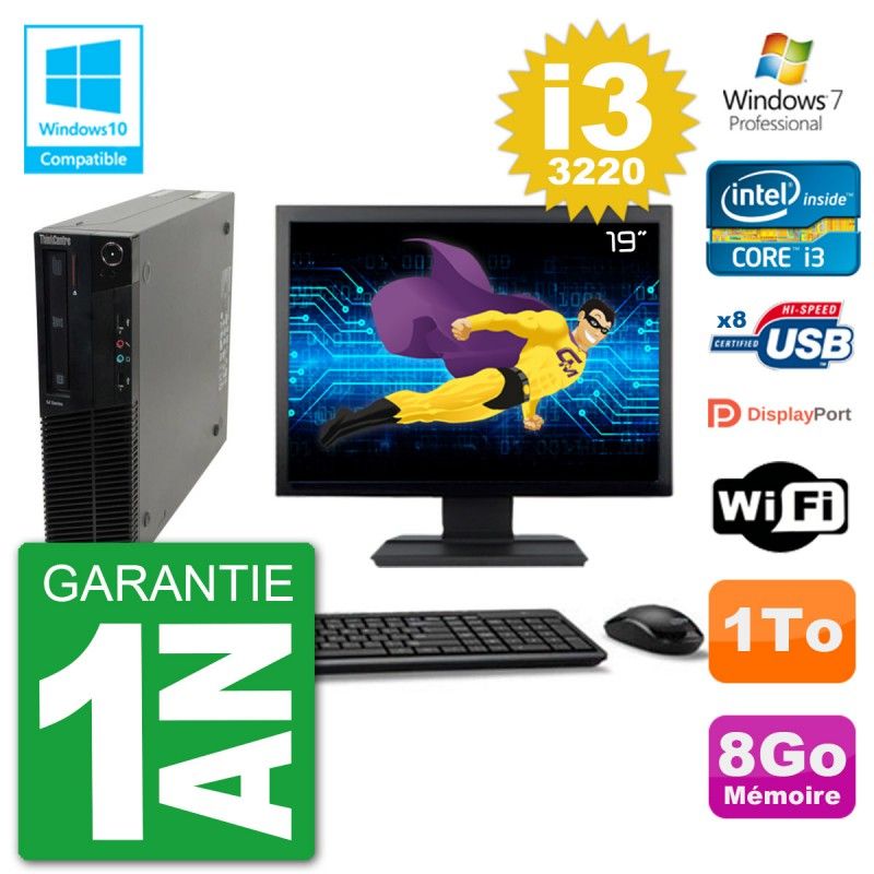 Lenovo M82 SFF Desktop Computer - 19" Screen, i3-3220, 8GB RAM, 1TB HDD, DVD Drive, Wifi, Windows 7 Pro