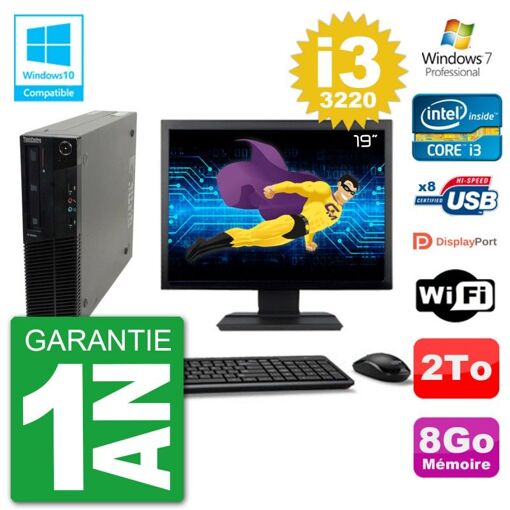 Lenovo M82 SFF Desktop Computer - 19" Screen, i3-3220, 8GB RAM, 2TB HDD, DVD Drive, Wifi, Windows 7 Pro