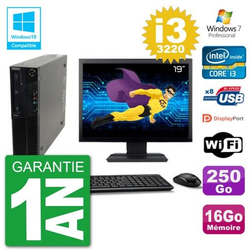 Lenovo M82 SFF PC - 19" Screen, i3-3220, 16GB RAM, 250GB HDD, DVD Burner, WiFi