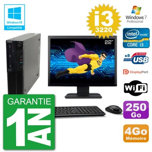 Lenovo M82 SFF Desktop Computer, 22" Screen, i3-3220, 4GB RAM, 250GB HDD, DVD Drive, WiFi, Windows 7 Pro
