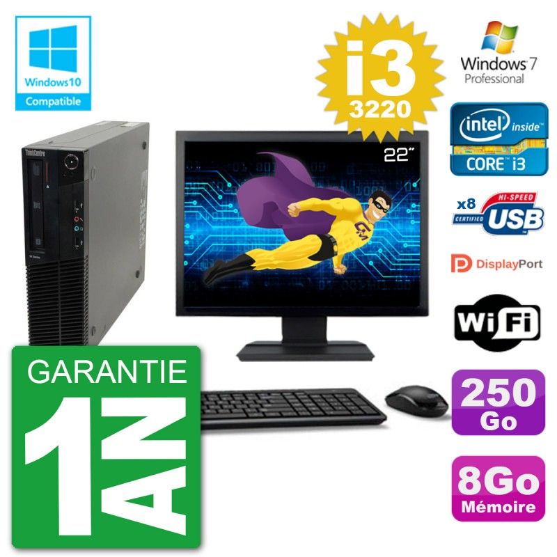 Lenovo M82 SFF Desktop Computer - 22" Screen, i3-3220, 8GB RAM, 250GB HDD, DVD Drive, WiFi, Windows 7 Pro