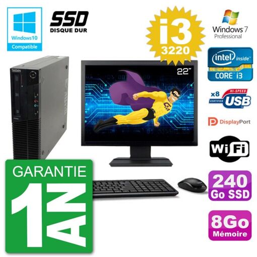 Lenovo M82 SFF Desktop Computer - 22" Screen, i3-3220, 8GB RAM, 240GB SSD, DVD Drive, WiFi, Windows 7 Pro