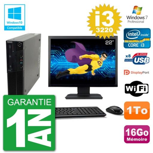 Lenovo M82 SFF Desktop Computer - 22" Screen, i3-3220, 16GB RAM, 1TB HDD, DVD Drive, WiFi, Windows 7 Pro