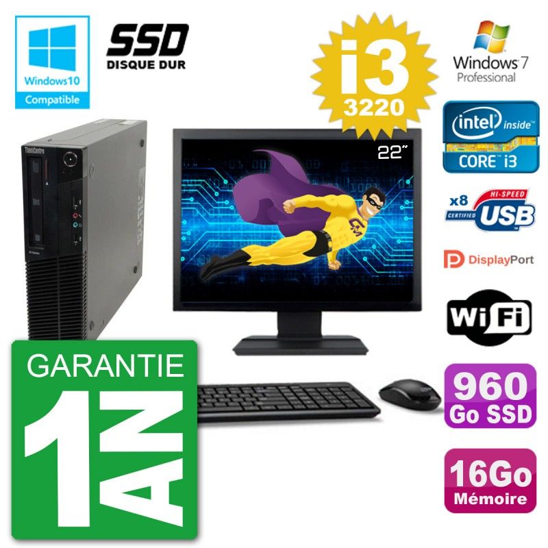 Lenovo M82 SFF Computer - 22" Screen, i3-3220, 16GB RAM, 960GB SSD, DVD Drive, Wifi