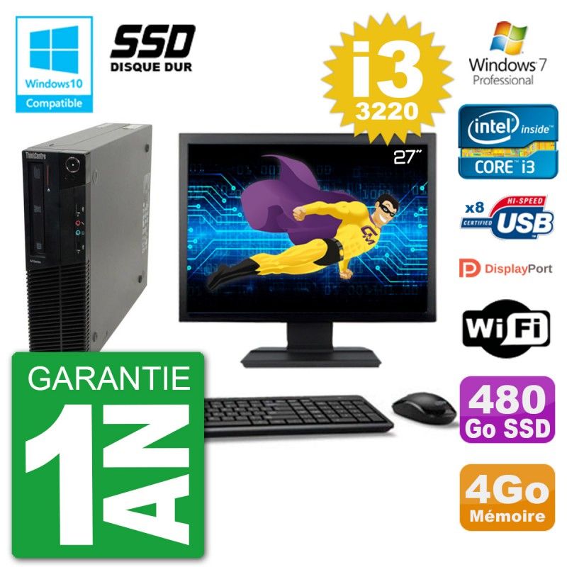 Lenovo M82 SFF Computer - 27" Screen, i3-3220, 4GB RAM, 480GB SSD, DVD Drive, Wifi, Windows 7 Pro