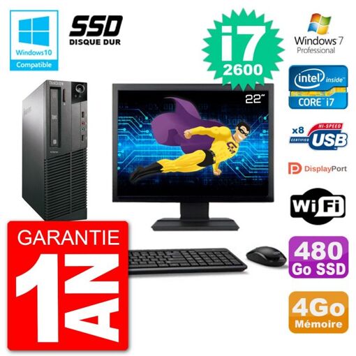 Lenovo M82 SFF Desktop Computer - 22" Screen, i7-2600, 4GB RAM, 480GB SSD, DVD Drive, WiFi, Windows 7 Pro