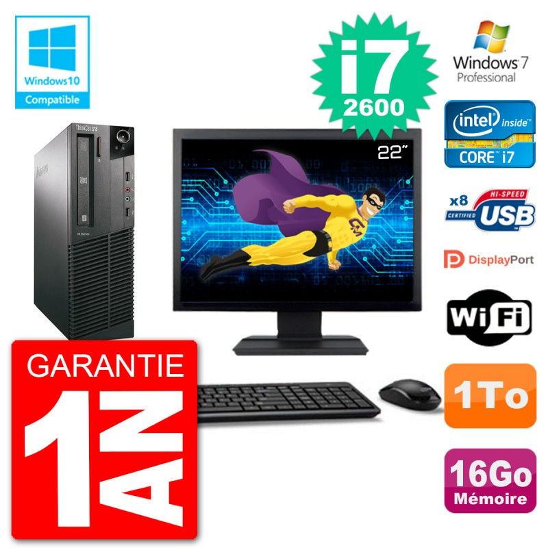 Lenovo M82 SFF Desktop PC - 22" Screen, i7-2600, 16GB RAM, 1TB HDD, DVD Drive, Wifi, Windows 7 Pro