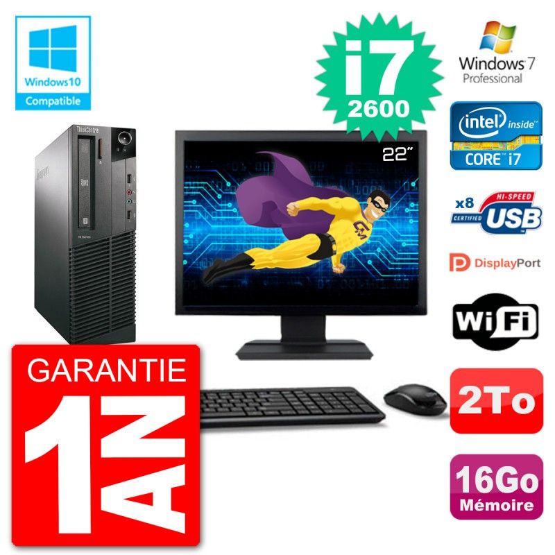 Lenovo M82 SFF Desktop Computer - 22" Screen, i7-2600, 16GB RAM, 2TB HDD, DVD Drive, WiFi, Windows 7 Pro