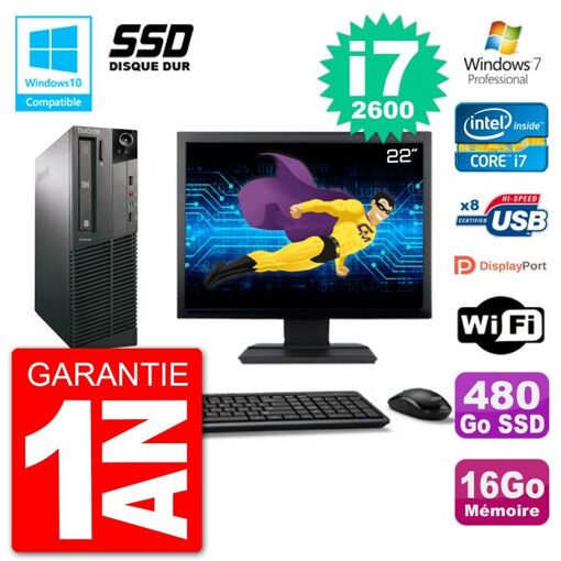 Lenovo M82 SFF Desktop PC - 22" Screen, i7-2600, 16GB RAM, 480GB SSD, DVD Drive, Wi-Fi, Windows 7 Pro