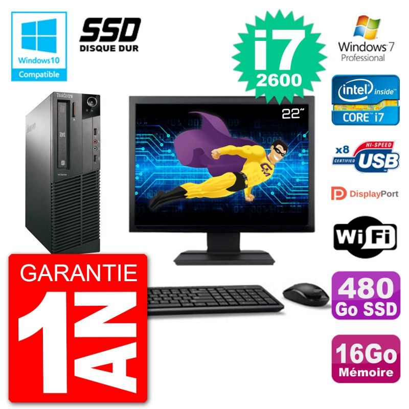 Lenovo M82 SFF Desktop PC - 22" Screen, i7-2600, 16GB RAM, 480GB SSD, DVD Drive, Wi-Fi, Windows 7 Pro