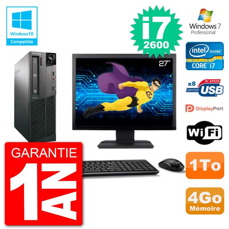 Computadora de escritorio Lenovo M82 SFF - Pantalla de 27", Intel Core i7-2600, 4 GB RAM, 1 TB HDD, Unidad de DVD, WiFi, Windows 7 Pro