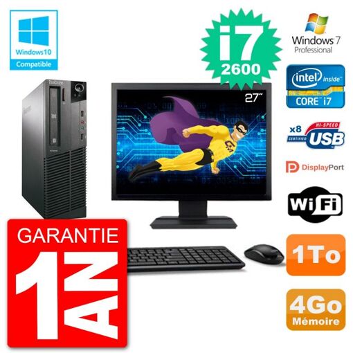 Lenovo M82 SFF Desktop Computer - 27" Screen, i7-2600, 4GB RAM, 1TB HDD, DVD Drive, WiFi, Windows 7 Pro