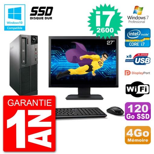 Lenovo M82 SFF Computer - 27" Screen, i7-2600, 4GB RAM, 120GB SSD, DVD Burner, Wifi, Windows 7 Pro
