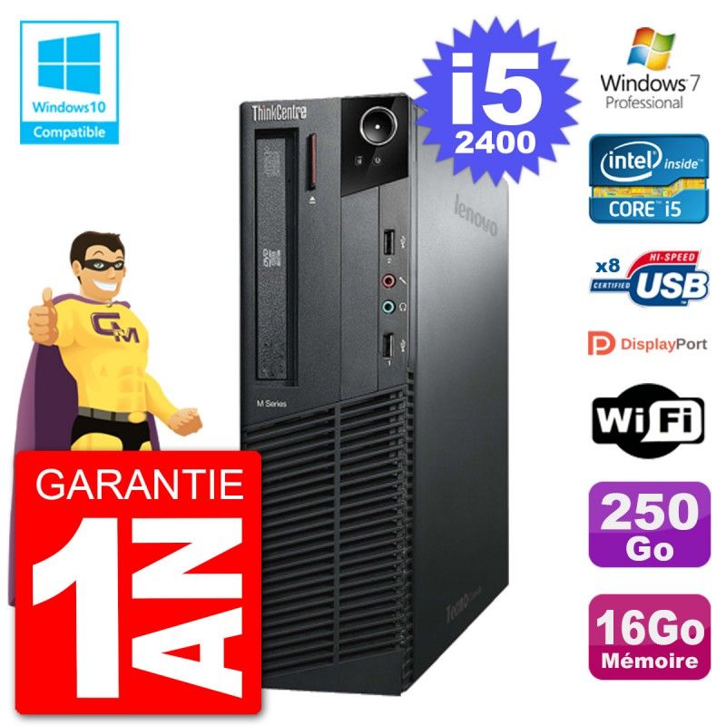 Ordinateur de bureau Lenovo ThinkCentre M82 SFF - i5-2400, 16 Go de RAM, 250 Go SSD, Graveur DVD, Wi-Fi, Windows 7 Pro