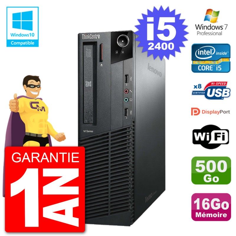 Ordinateur de bureau Lenovo ThinkCentre M82 SFF - i5-2400, 16 Go de RAM, 500 Go SSD, lecteur DVD, Wi-Fi, Windows 7 Pro