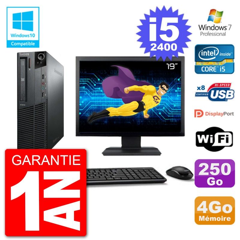Lenovo M82 SFF Computer - 19" Screen, i5-2400, 4GB RAM, 250GB HDD, DVD Drive, Wifi, Windows 7 Pro