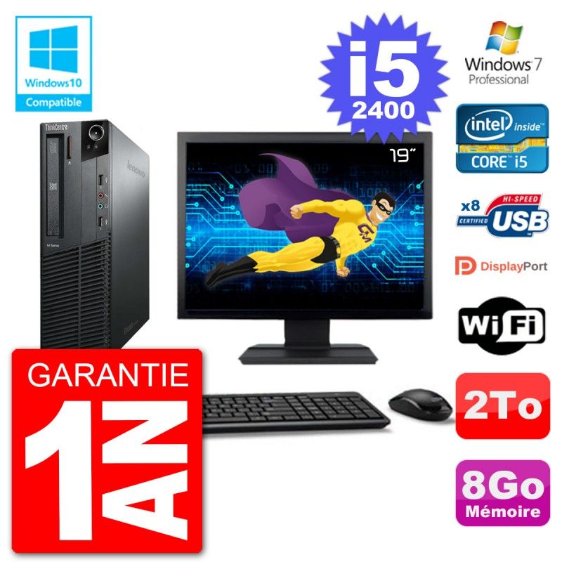 Lenovo M82 SFF Desktop Computer - 19" Screen, i5-2400, 8GB RAM, 2TB HDD, DVD Drive, WiFi, Windows 7 Pro