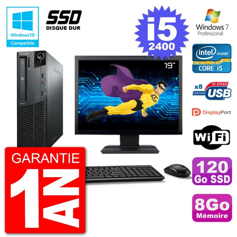 Lenovo M82 SFF Desktop Computer - 19" Screen, i5-2400, 8GB RAM, 120GB SSD, DVD Drive, WiFi, Windows 7 Pro