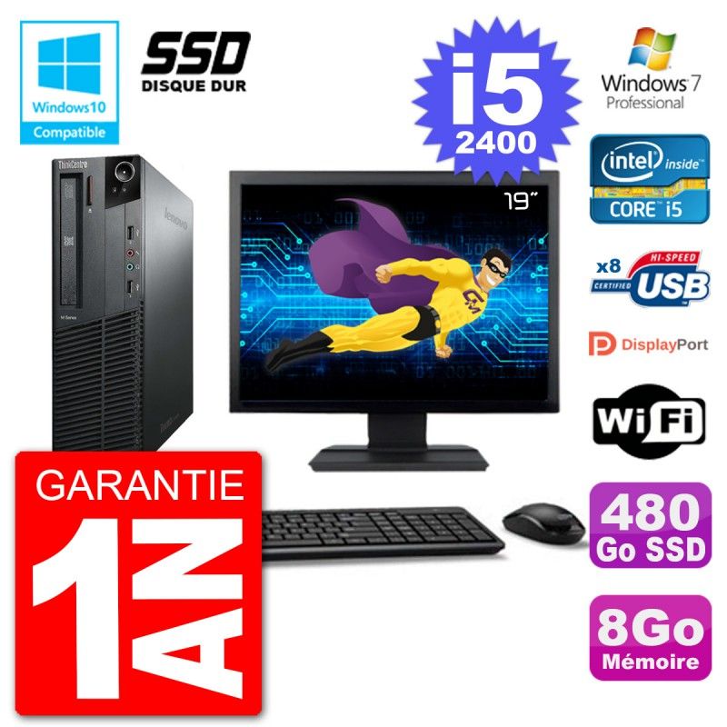 Lenovo M82 SFF Desktop PC - 19" Screen, i5-2400, 8GB RAM, 480GB SSD, DVD Drive, WiFi, Windows 7 Pro