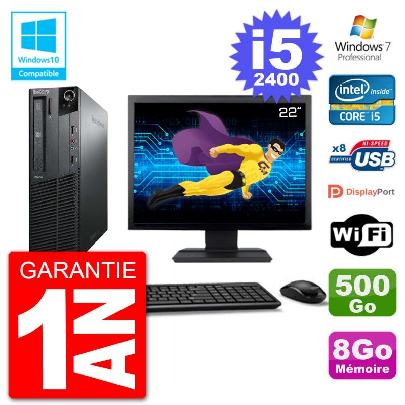 Lenovo M82 SFF Desktop PC - 22" Screen, i5-2400, 8GB RAM, 500GB HDD, DVD Drive, WiFi, Windows 7 Pro