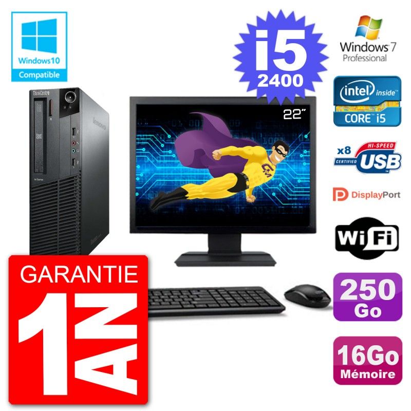 Lenovo M82 SFF Desktop Computer - 22" Screen, i5-2400, 16GB RAM, 250GB HDD, DVD Drive, Wifi, Windows 7 Pro