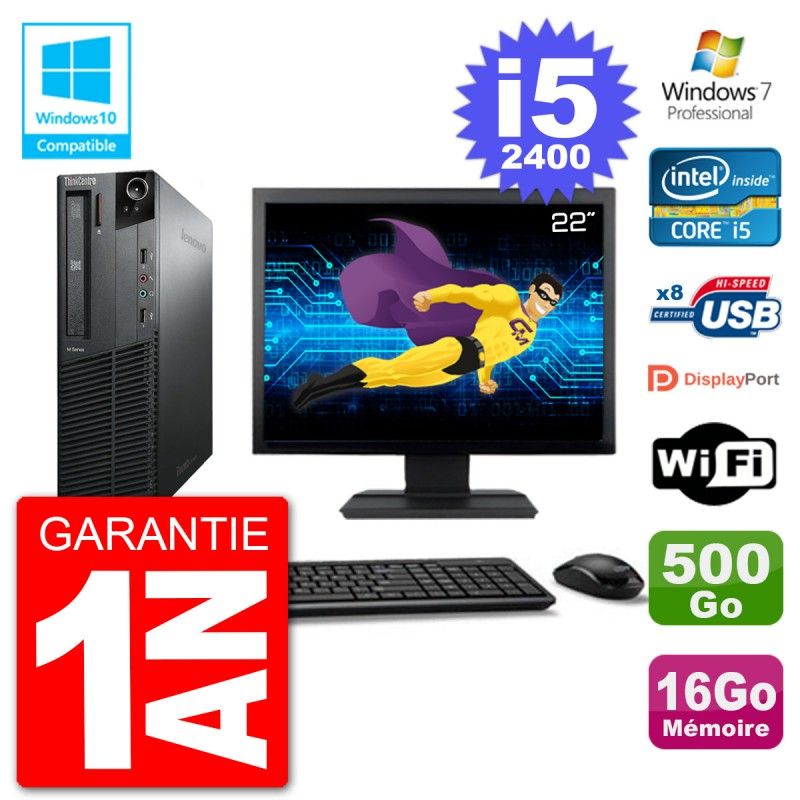 PC Lenovo M82 SFF - Pantalla de 22', i5-2400, 16GB RAM, 500GB HDD, Unidad DVD, Wifi