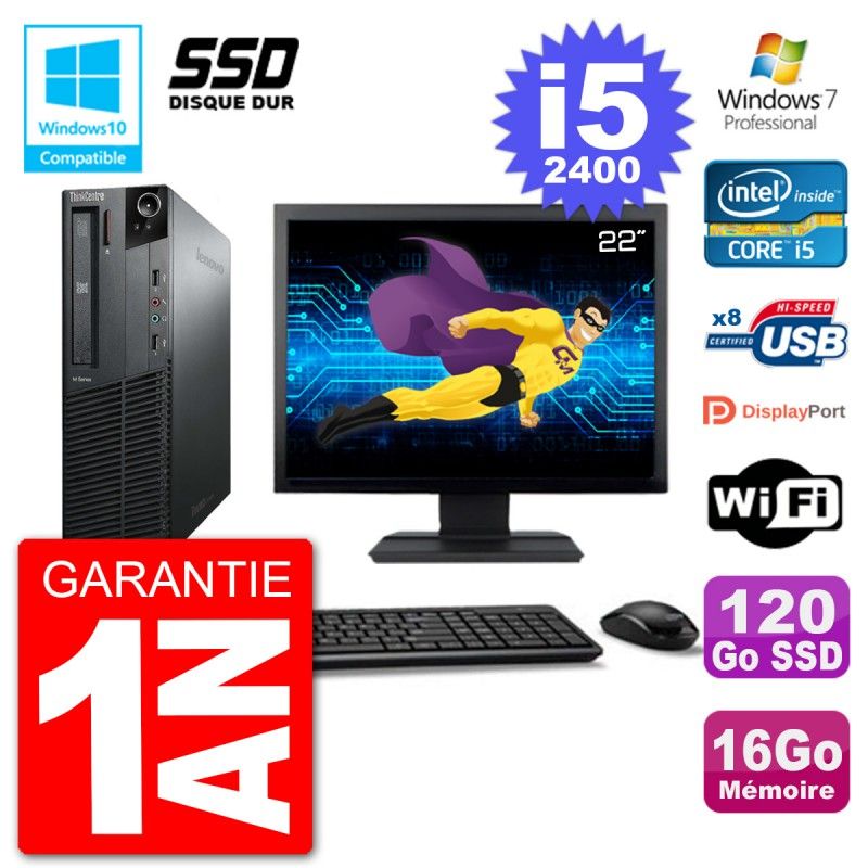 Lenovo M82 SFF Desktop Computer | 22" Screen | i5-2400 | 16GB RAM | 120GB SSD | DVD Burner | Wifi