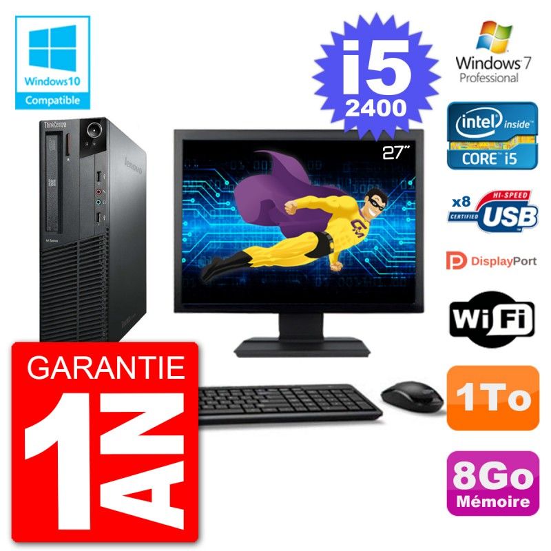 Lenovo M82 SFF Desktop Computer - 27" Screen, i5-2400, 8GB RAM, 1TB HDD, DVD Drive, WiFi, Windows 7 Pro