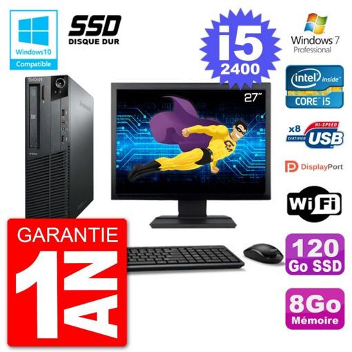 Lenovo M82 SFF Desktop PC - 27" Screen, i5-2400, 8GB RAM, 120GB SSD, DVD Drive, Wifi, Windows 7 Pro