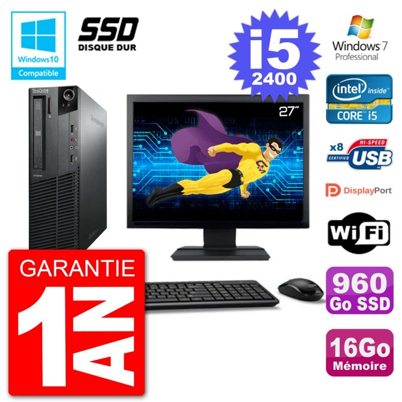 Lenovo M82 SFF Desktop PC - 27" Screen, i5-2400, 16GB RAM, 960GB SSD, DVD Drive, Wifi