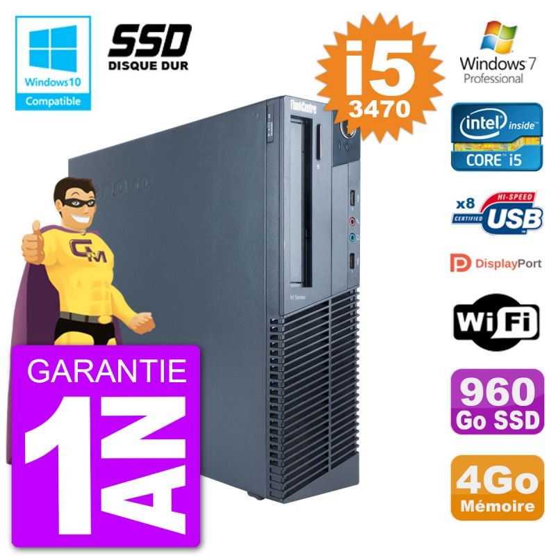 PC de escritorio Lenovo ThinkCentre M82 SFF i5-3470 4GB RAM 960GB SSD Grabador DVD WiFi Windows 7