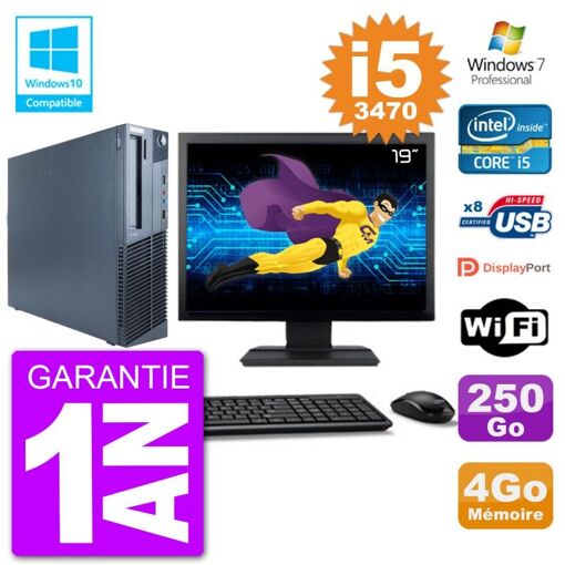 Lenovo M82 SFF Desktop Computer - 19" Screen, i5-3470, 4GB RAM, 250GB HDD, DVD Drive, WiFi, Windows 7 Pro
