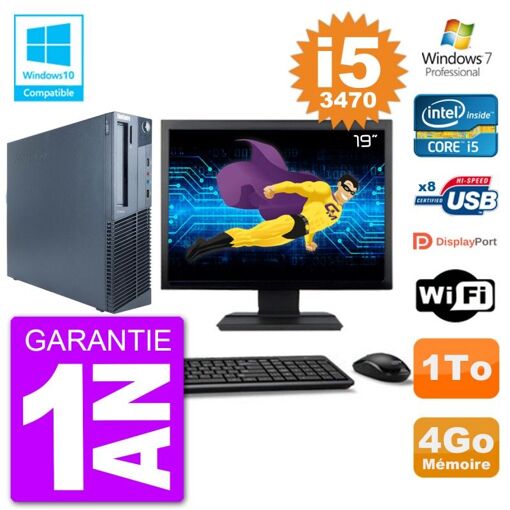 Lenovo M82 SFF Desktop Computer - 19" Screen, i5-3470, 4GB RAM, 1TB HDD, DVD Drive, WiFi, Windows 7 Pro