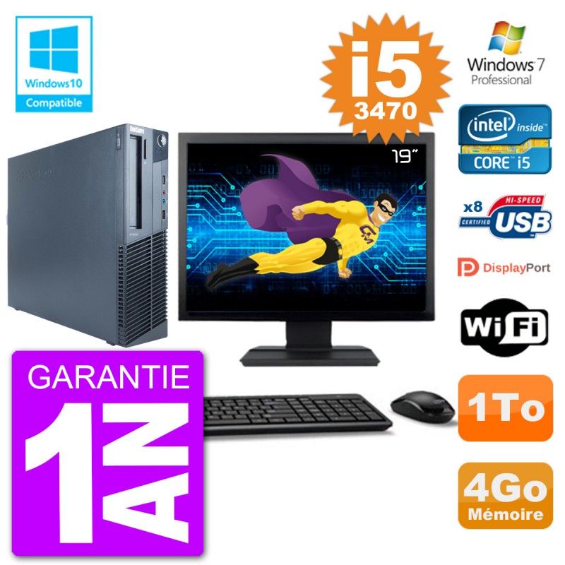 Computadora de escritorio Lenovo M82 SFF - Pantalla de 19", Intel i5-3470, 4 GB de RAM, 1 TB HDD, Unidad de DVD, WiFi, Windows 7 Pro