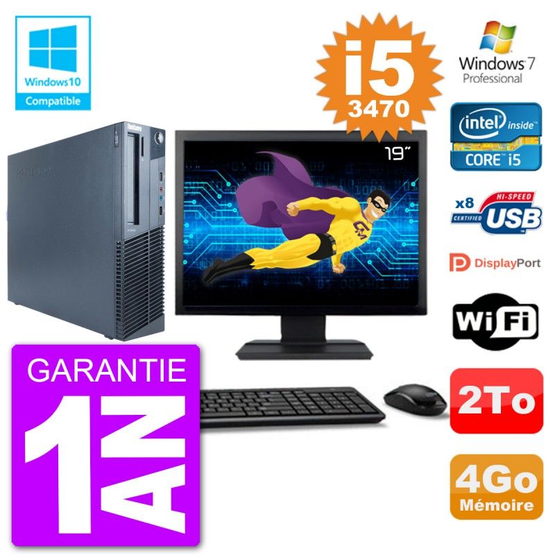 Computadora de escritorio Lenovo M82 SFF - Pantalla de 19'', Intel Core i5-3470, 4 GB de RAM, Disco duro de 2 TB, Unidad óptica DVD, Wifi, Windows 7 Pro