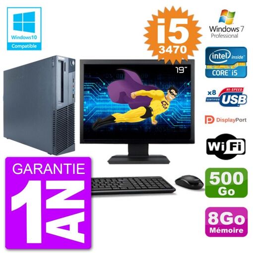 Lenovo M82 SFF PC - 19" Screen, i5-3470, 8GB RAM, 500GB HDD, DVD Drive, WiFi, Windows 7 Pro